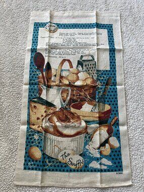 Vintage Kay Dee Linen Dish Tea Towel with Cheese Souffle Recipe Blue Tan